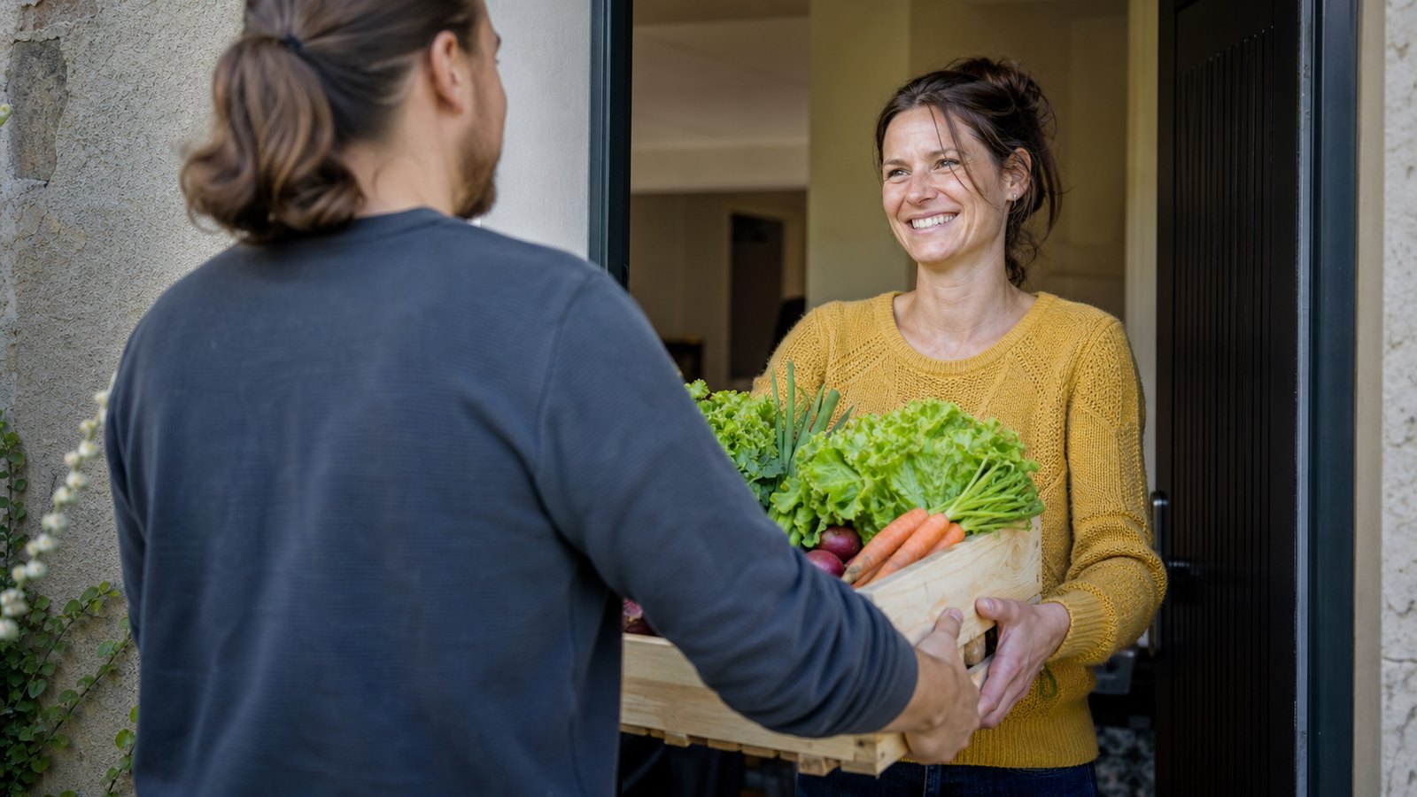 Client satisfait récupérant son panier de légumes hebdomadaire