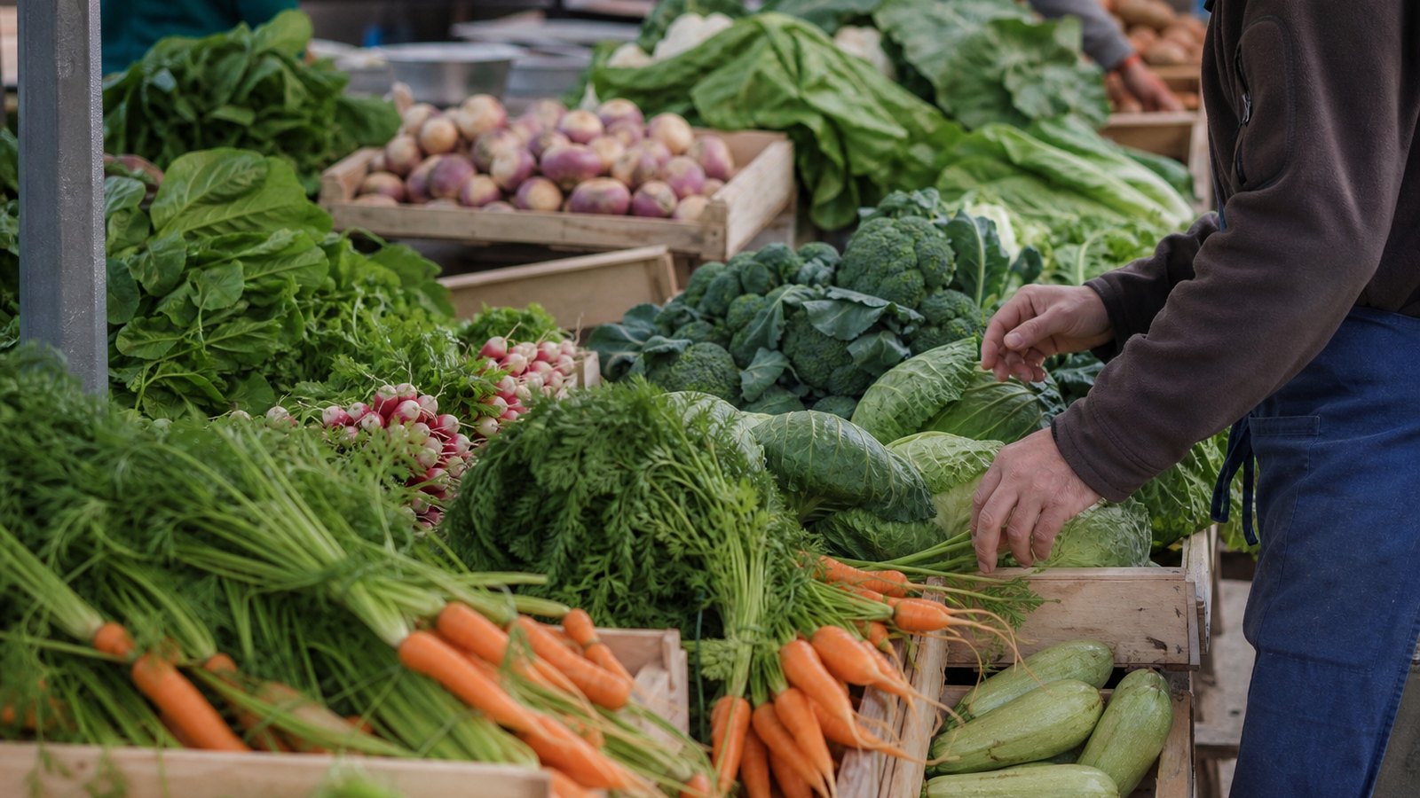 Maraîcher réfléchissant au prix de ses paniers de légumes