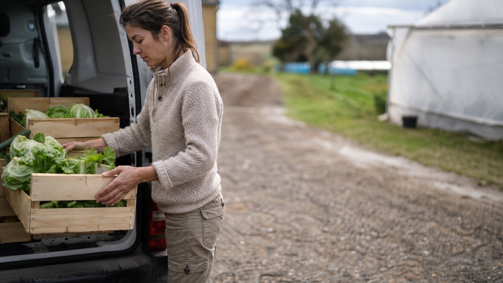 Camionnette de livraison de paniers de légumes sur une tournée