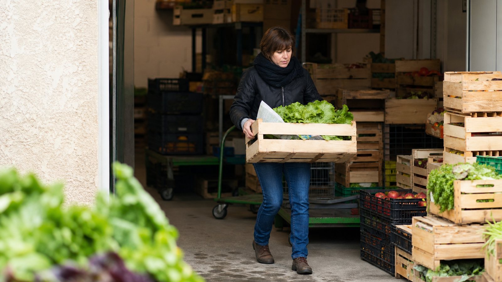 Cagettes de paniers de légumes déposées chez un commerçant servant de point relais